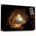 Acrylic glass wall art collection featuring a stunning landscape with cave designs, displayed from a side view, secured with decorative pins for an elegant presentation.