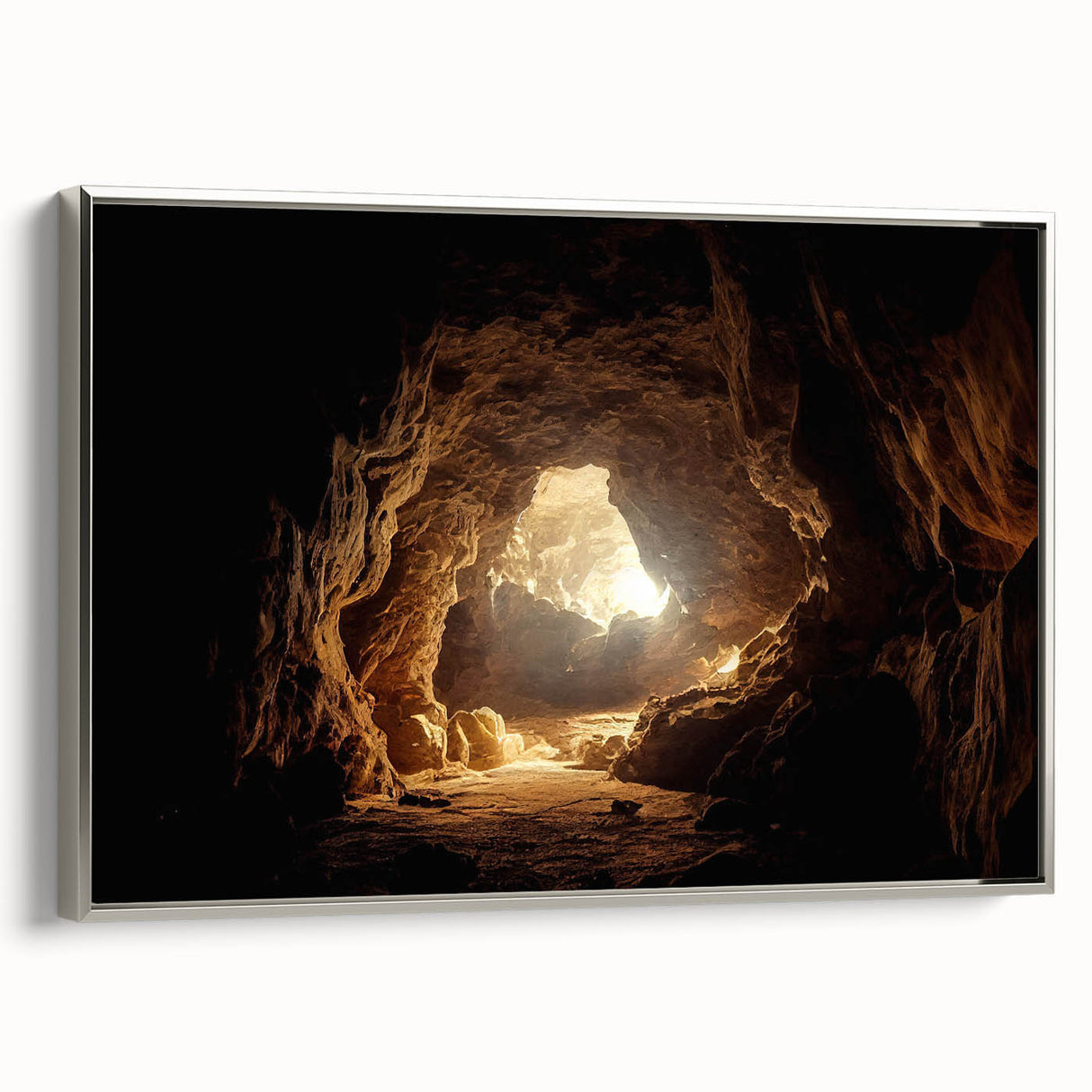 Framed canvas wall art showcasing a stunning landscape of caves, designed in a modern aesthetic with a silver frame, perfect for enhancing contemporary decor.