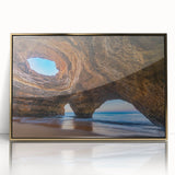 Framed acrylic wall art showcasing a stunning landscape design featuring intricate cave formations and golden accents, perfect for modern home decor.