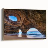 Framed canvas wall art collection showcasing a stunning landscape with cave designs, accented by a gold frame, ideal for modern home decor.