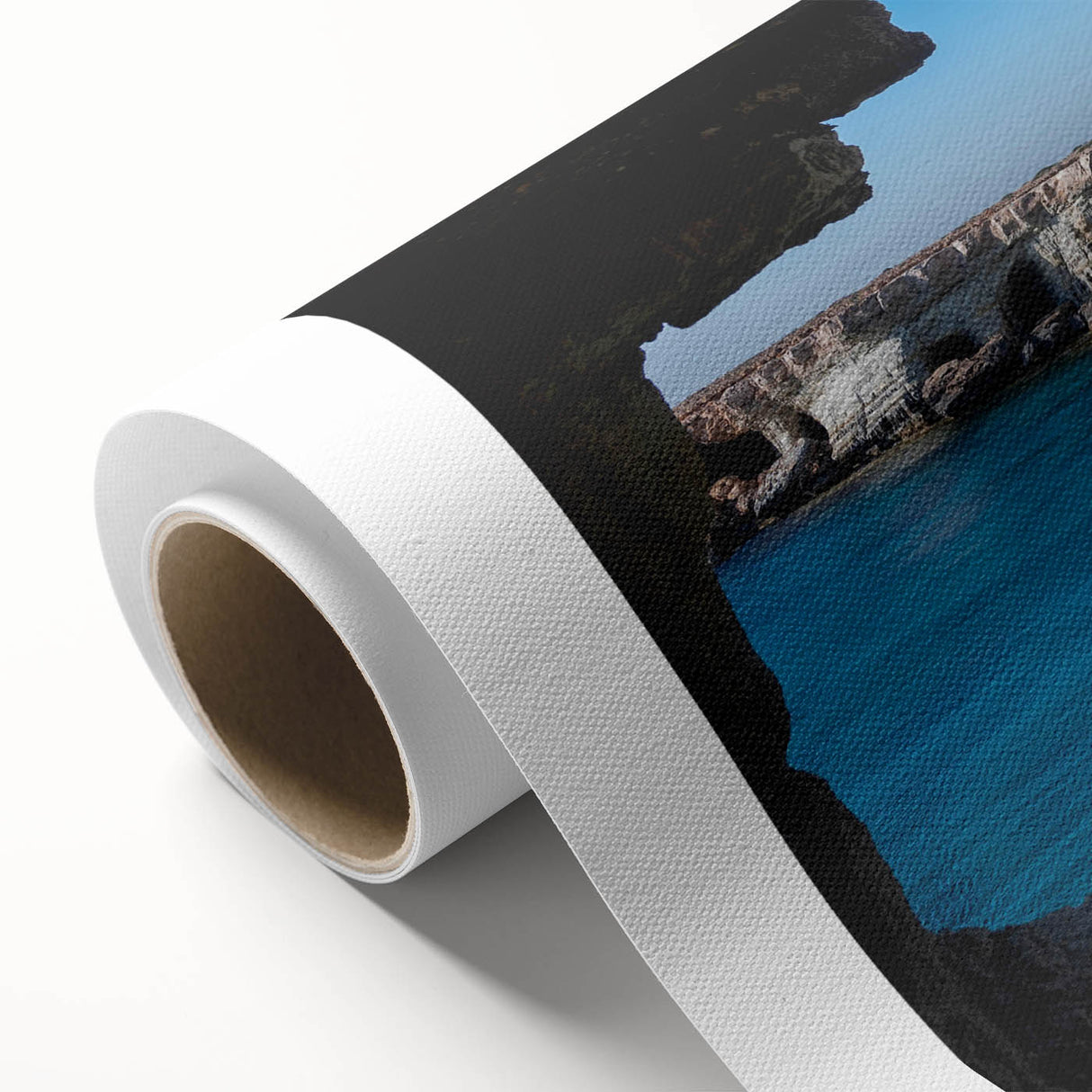 Rolled canvas showcasing a vibrant landscape with intricate cave designs, perfect for home decor. Comes in a protective cardboard tube.