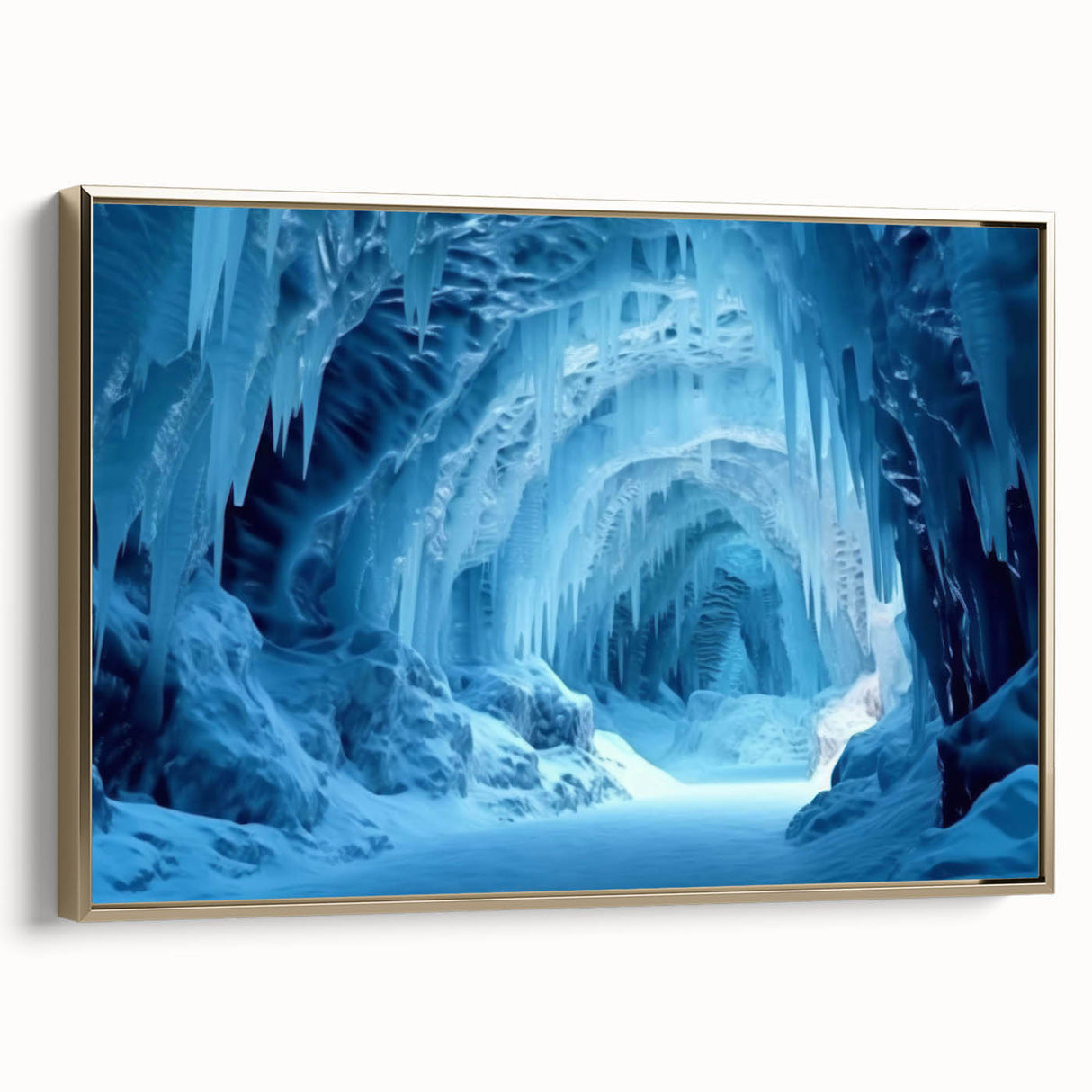 Framed canvas artwork showcasing a stunning landscape with cave designs, featuring gold accents and a side view, perfect for modern home decor. Ideal for adding a touch of elegance and nature-inspired aesthetics to living spaces.