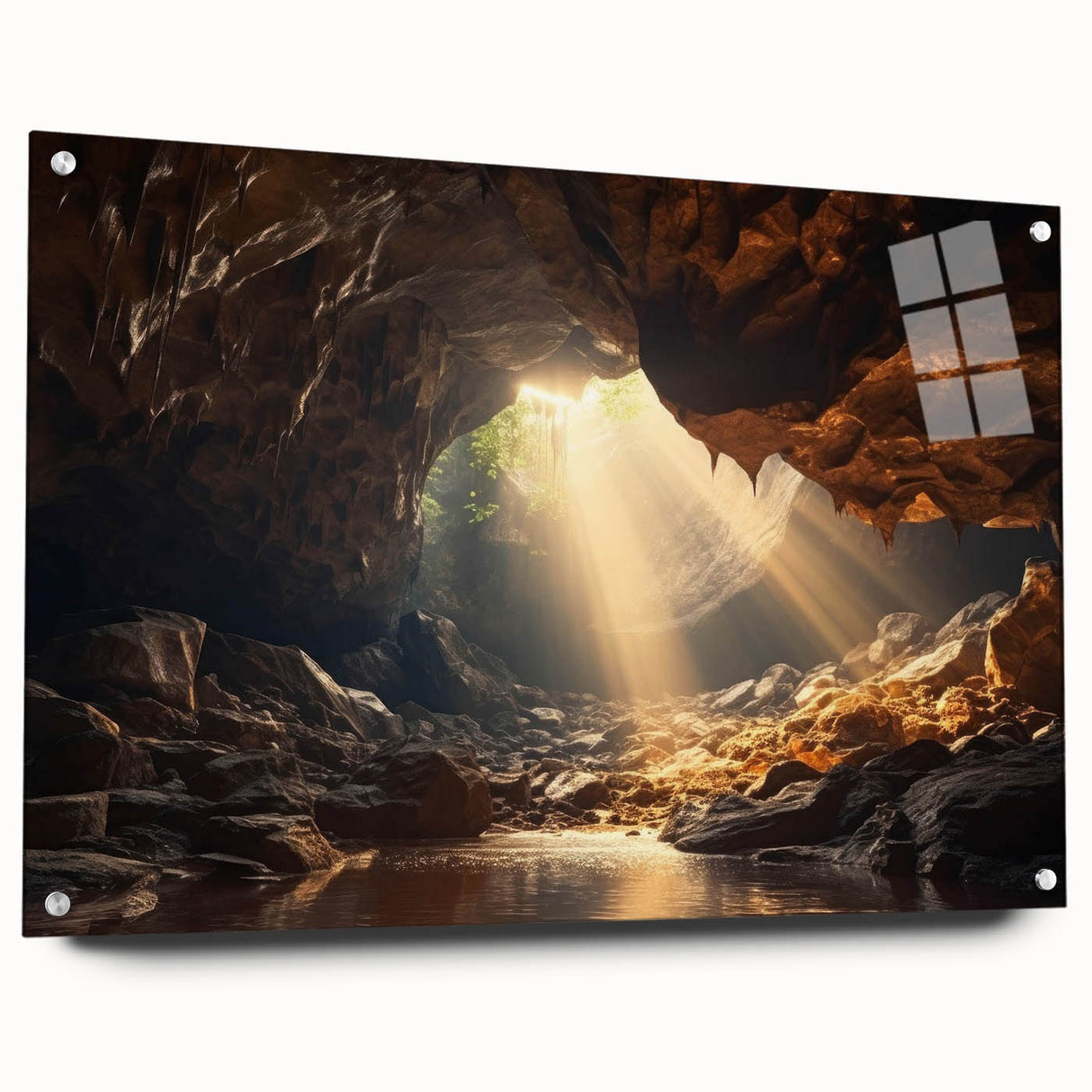 Side view of a modern acrylic wall art collection showcasing a vibrant cave landscape design, elegantly displayed with pins for a contemporary look. Ideal for enhancing interior decor with artistic flair.