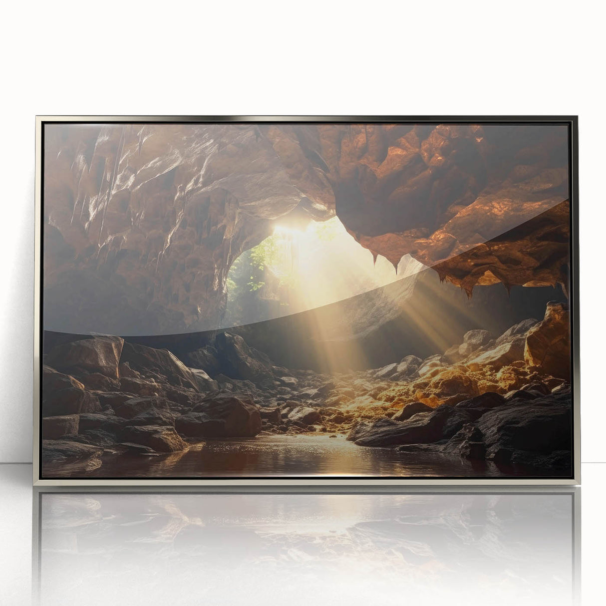 Framed acrylic wall art featuring a stunning landscape design with caves, showcasing vibrant colors and intricate details. Perfect for modern home decor.