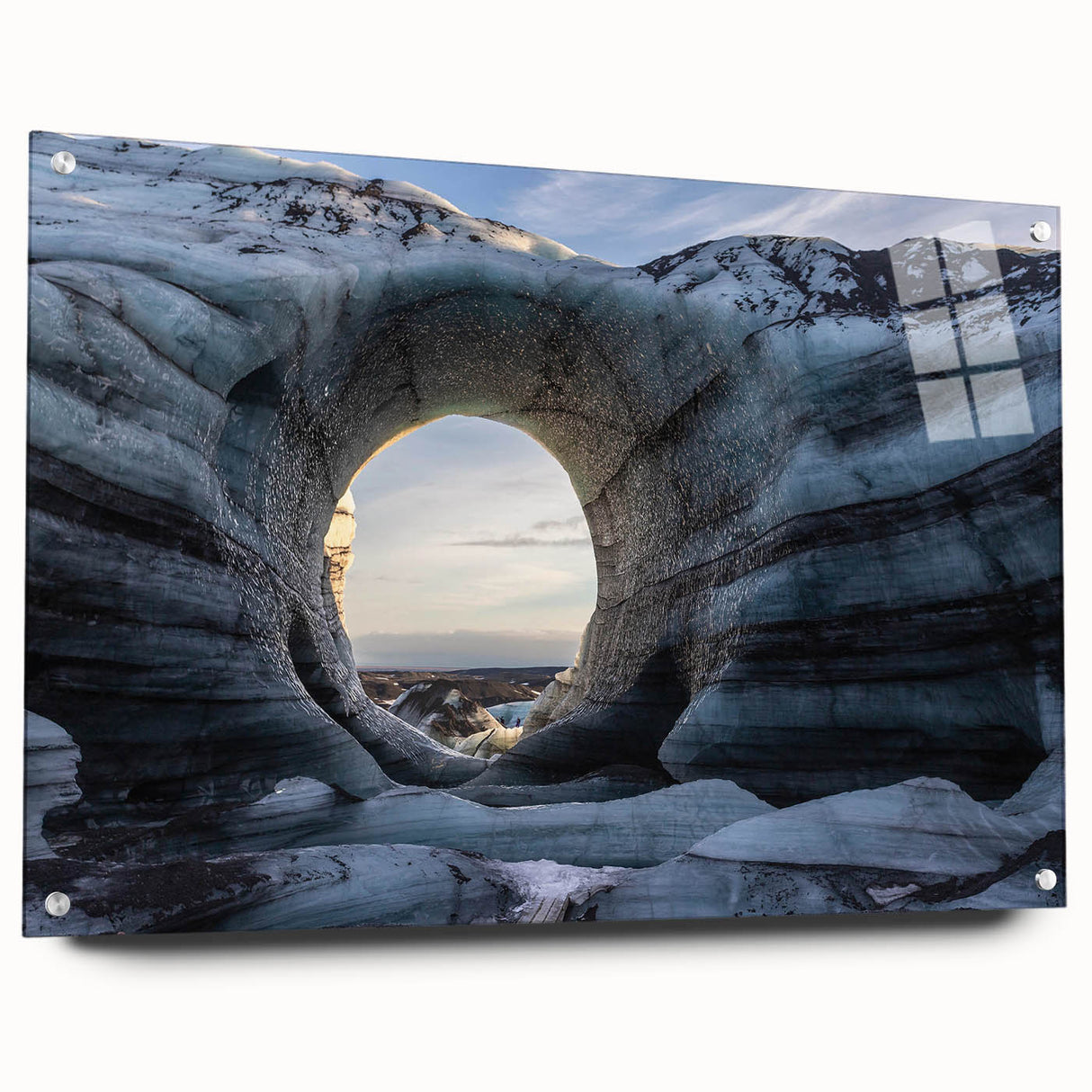 Acrylic glass wall art showcasing a serene landscape design, featuring vibrant colors and intricate cave details, displayed from a side view with pin attachments for easy mounting. Perfect for modern home decor, this artwork adds a touch of nature-inspired elegance to any room.
