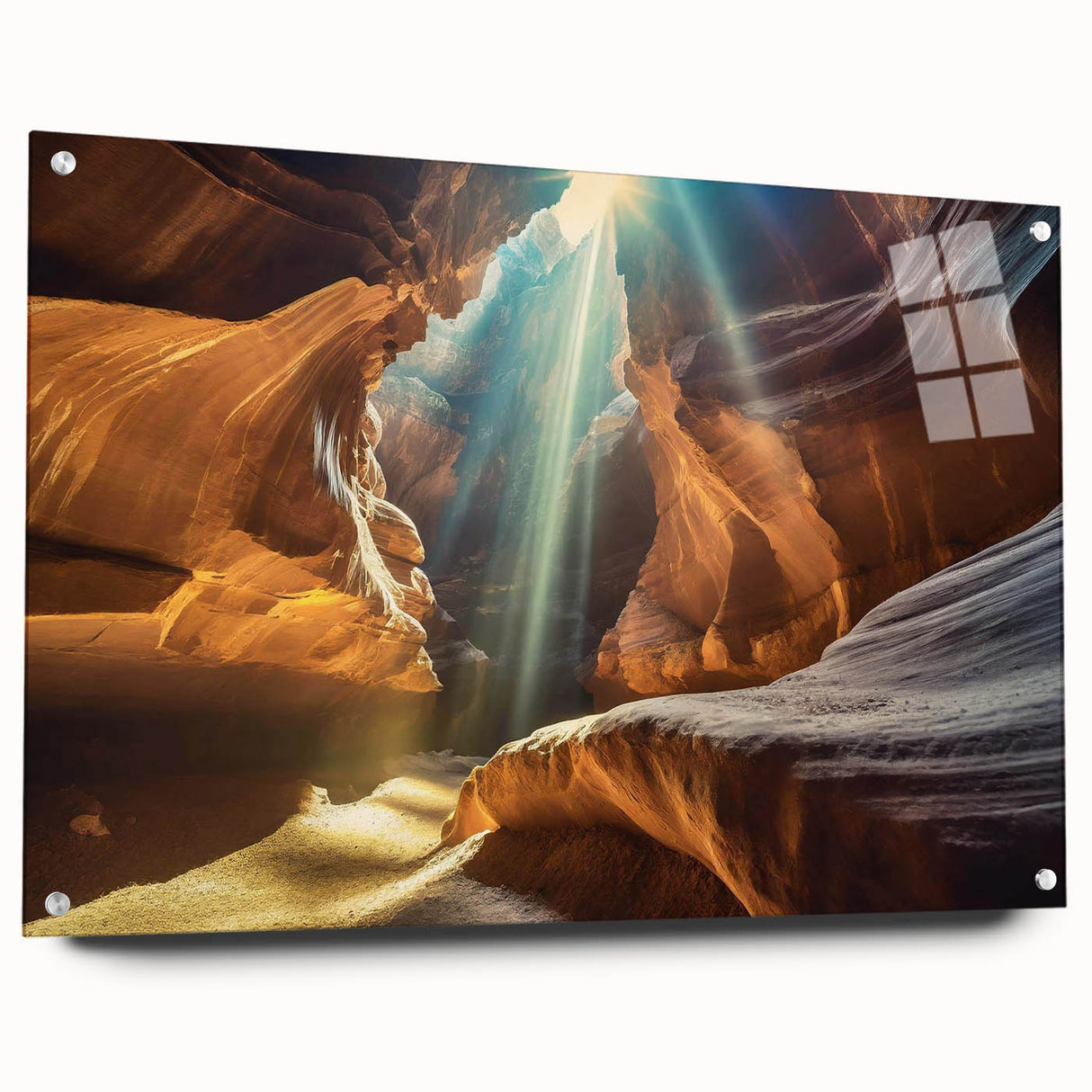 Acrylic glass wall art collection showcasing a vibrant landscape with cave designs, featuring a side view and mounted with decorative pins for easy display.