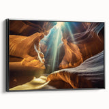 Framed canvas wall art showcasing an abstract landscape design with cave motifs, featuring a sleek black frame and elegant side view presentation.