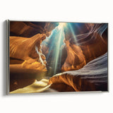 Framed canvas wall art showcasing a stunning landscape design featuring intricate cave formations, accented with a silver frame for an elegant touch. Ideal for modern home decor.