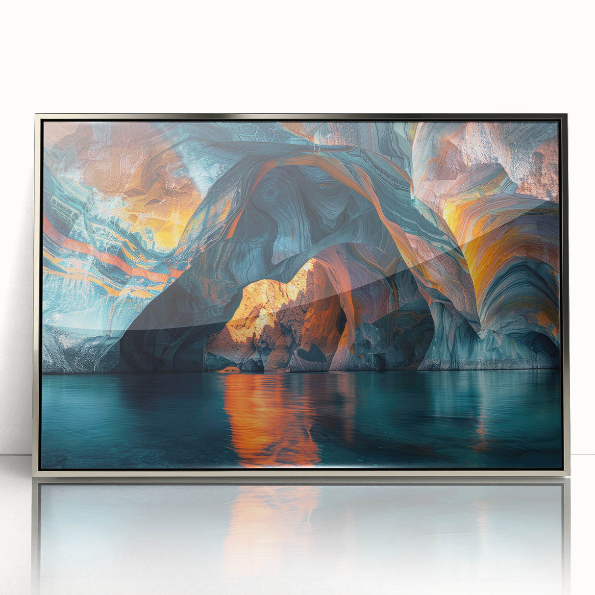 Framed acrylic wall art featuring a stunning cave landscape design with silver accents, perfect for home décor, showcasing vibrant colors and intricate details.