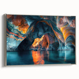 Framed canvas wall art showcasing a stunning cave landscape design with intricate details and a silver frame, perfect for enhancing modern home decor.