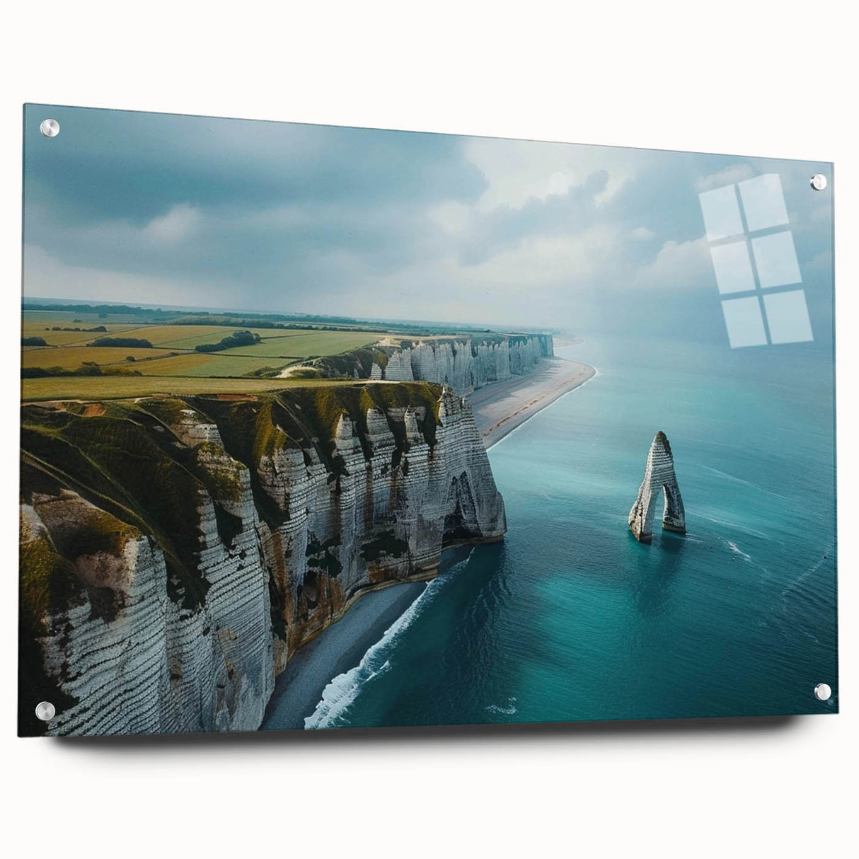 Acrylic wall art collection displaying vibrant landscapes and cliffs, showcased in a side view with decorative pins. Ideal for modern home decor and art enthusiasts.