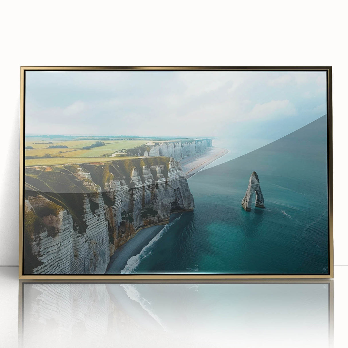 Framed acrylic wall art showcasing a breathtaking landscape of cliffs, highlighted with gold accents. Perfect for modern home decor, adding elegance to any space.