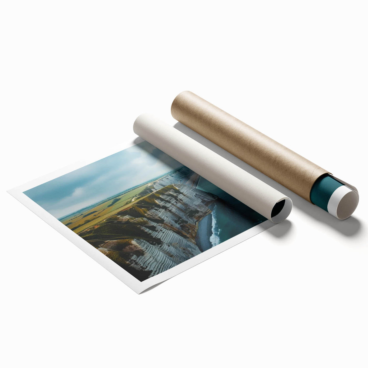 Stunning landscape wall art print showcasing dramatic cliffs and vibrant colors, rolled and ready for framing, perfect for enhancing home decor.