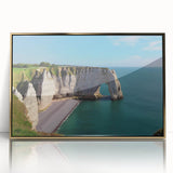 Framed acrylic artwork showcasing a stunning landscape of cliffs, adorned with gold accents, perfect for modern home decor. Ideal for enhancing living spaces with nature-inspired elegance.