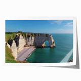 Vibrant rolled print of a coastal cliff landscape, showcasing dramatic rock formations against a blue sky, perfect for home decor and nature enthusiasts.