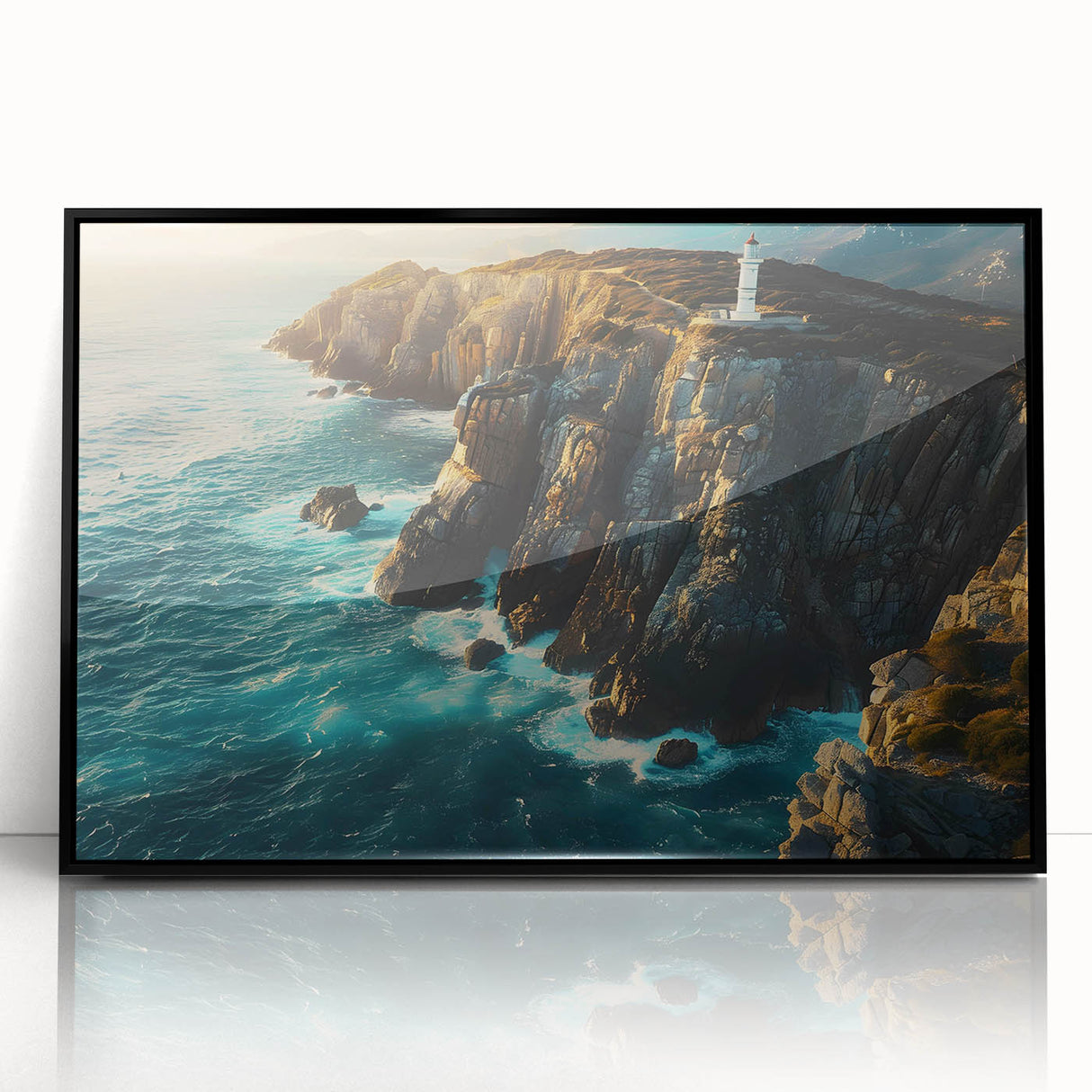 Framed wall art collection showcasing a stunning cliff landscape design with vibrant colors, set in a sleek black frame, perfect for modern home decor.