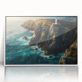 Framed acrylic wall art showcasing a stunning landscape with cliffs, featuring a white frame and vibrant colors, ideal for modern home decor.