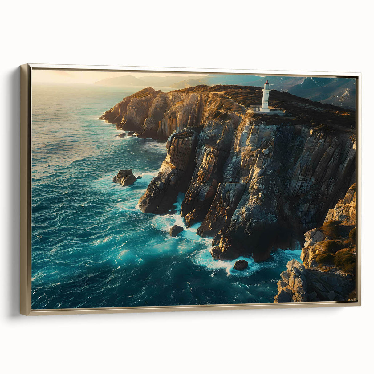 Framed canvas wall art showcasing a stunning cliff landscape design, featuring rich earthy tones and gold accents, perfect for enhancing modern interior decor.