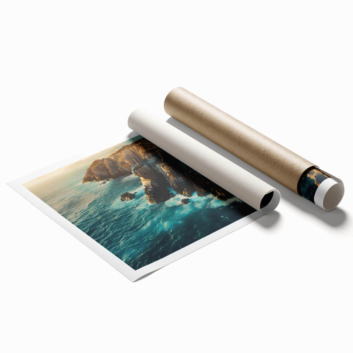 Vibrant rolled wall art print showcasing a stunning landscape of cliffs and ocean waves, designed to enhance home decor with its natural beauty and vivid colors. Perfect for nature enthusiasts looking to add a touch of serenity to their space.