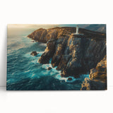 Stretched canvas wall art showcasing a stunning landscape of cliffs, designed to evoke tranquility and adventure, perfect for home decor. Deep blues and earthy tones enhance any living space.