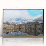 Framed acrylic wall art featuring a stunning landscape of golden cliffs, showcasing intricate details and vibrant colors, perfect for modern home decor.