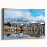 Framed canvas wall art featuring a stunning landscape of cliffs, adorned with gold accents, showcasing a contemporary design ideal for modern home decor.