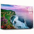 Acrylic glass wall art collection depicting vibrant landscapes and cliffs, showcasing a side view with decorative pins, ideal for modern home decor and aesthetic appeal.