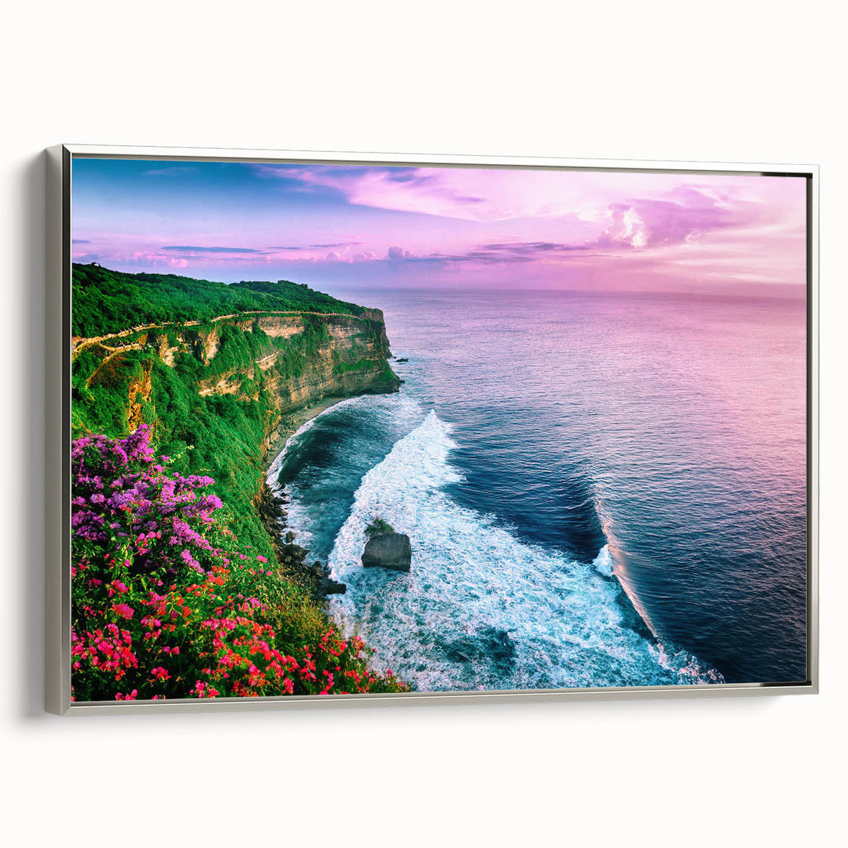 Framed canvas wall art from the Landscapes Cliffs Design collection, showcasing stunning cliffside scenery in silver frame, ideal for modern home decor.