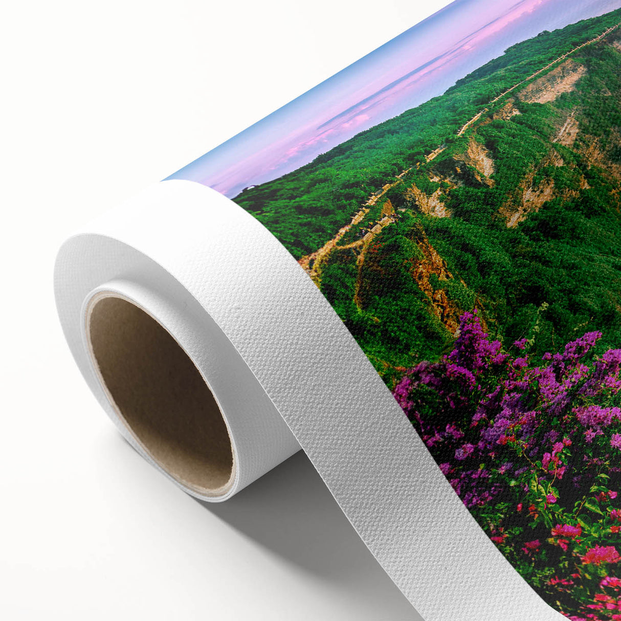 Vibrant rolled canvas wall art showcasing a stunning cliff landscape design, featuring rich colors and intricate details, perfect for home decor or gallery display.