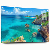 Acrylic glass wall art featuring a stunning cliff landscape design, shown from the side with mounting pins, perfect for modern interior decor.