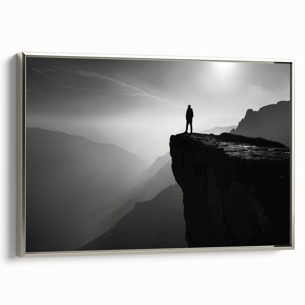 Framed canvas wall art showcasing a serene landscape of cliffs with a vibrant sunset. The artwork features rich colors and intricate details, perfect for modern decor.