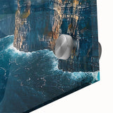 Close-up of a vibrant wall art piece showcasing a detailed landscape of cliffs, printed on acrylic glass, perfect for modern home decor and art enthusiasts. The artwork features rich colors and intricate textures that enhance any living space.