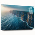 Acrylic glass wall art showcasing a stunning cliff landscape design, presented in a side view with decorative pins, ideal for modern home decor.