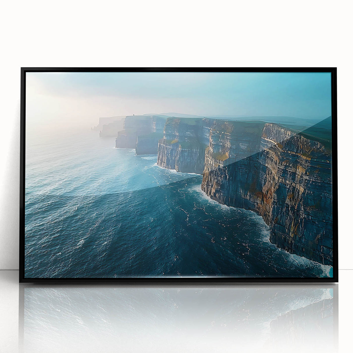 Framed acrylic wall art featuring a striking landscape of cliffs, showcasing vibrant colors and intricate details, perfect for enhancing modern decor.
