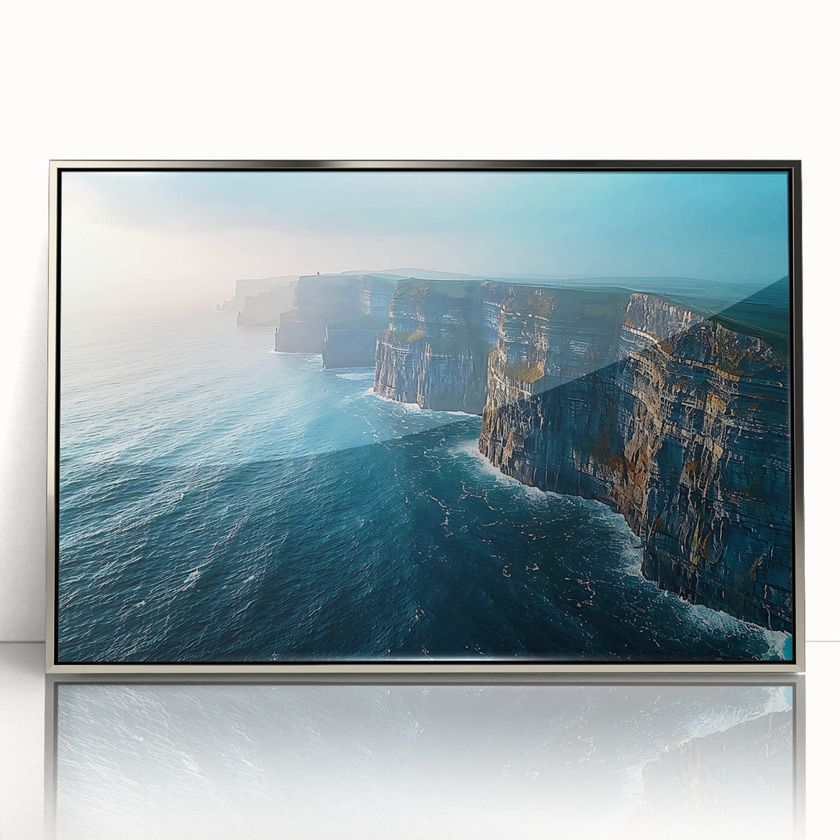 Framed acrylic artwork showcasing a stunning cliff landscape in silver tones, designed for modern home decor. Perfect for enhancing living spaces with nature-inspired aesthetics.