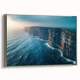 Framed canvas wall art showcasing a stunning landscape of cliffs with a golden hue, elegantly displayed in a modern home setting. Ideal for nature enthusiasts and decor aficionados.