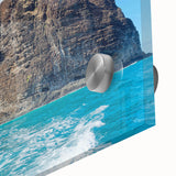 Close-up of a stunning acrylic wall art piece depicting vibrant landscapes and cliffs, showcasing intricate details and rich colors, ideal for modern home decor.