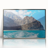 Framed acrylic wall art featuring a stunning landscape of cliffs, designed in silver tones, offering a modern aesthetic perfect for home décor.