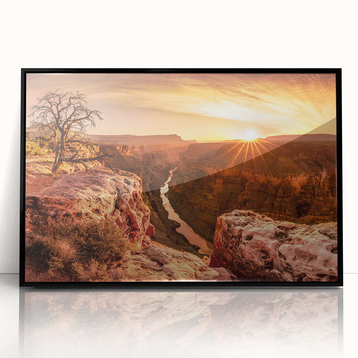 Framed acrylic wall art displaying a stunning landscape of cliffs, showcasing vibrant colors and intricate details, perfect for modern home decor.