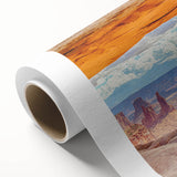 Vibrant landscape wall art depicting dramatic cliffs and serene skies, printed on high-quality rolled canvas, ideal for home or office decor.