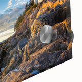 Close-up of a vibrant acrylic wall art piece showcasing stunning cliffs and landscapes, featuring rich colors and intricate details, perfect for modern decor.