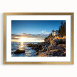 Framed wall art showcasing a scenic landscape of rugged cliffs, elegantly matted and accented with gold, enhancing any modern decor. Perfect for nature lovers.