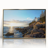 Framed acrylic wall art showcasing a stunning landscape of cliffs, designed with gold accents, perfect for modern home decor. The vibrant colors and intricate details enhance any interior space.