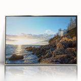 Framed acrylic wall art featuring a stunning landscape of cliffs with vibrant colors and intricate details, ideal for modern home decor and interior design.