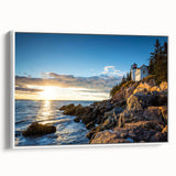 Framed canvas wall art showcasing a serene landscape of cliffs with vibrant colors, ideal for home decor. The artwork features a white frame and side view, enhancing its aesthetic appeal. Perfect for nature lovers and interior design enthusiasts.