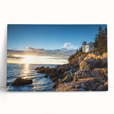 Stretched canvas wall art featuring a serene landscape of cliffs under a soft blue sky, elegantly leaning against a neutral-toned wall, perfect for home decor.