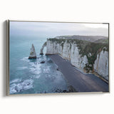 Framed canvas wall art featuring a stunning cliff landscape design with silver accents, showcasing dramatic rock formations and soft, muted colors for a serene atmosphere. Perfect for enhancing modern home decor.