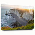 Acrylic glass wall art showcasing a stunning cliff landscape design, elegantly displayed from the side with visible mounting pins, perfect for modern home decor. This vibrant piece captures the essence of nature, enhancing any interior space with its striking colors and intricate details.