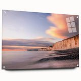 Acrylic wall art showcasing a stunning view of colorful cliffs, presented in a sleek glass frame with pins, ideal for enhancing modern interior decor.