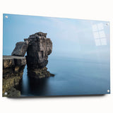 Acrylic glass wall art depicting a stunning cliff landscape design, showcasing vibrant colors and intricate details, elegantly displayed with pins on a neutral background. This piece adds a modern touch to any interior decor.